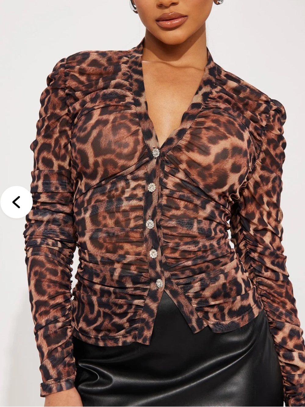 Fashion Nova Brown Leopard Ruched V-Neck Blouse with Front Buttons size S